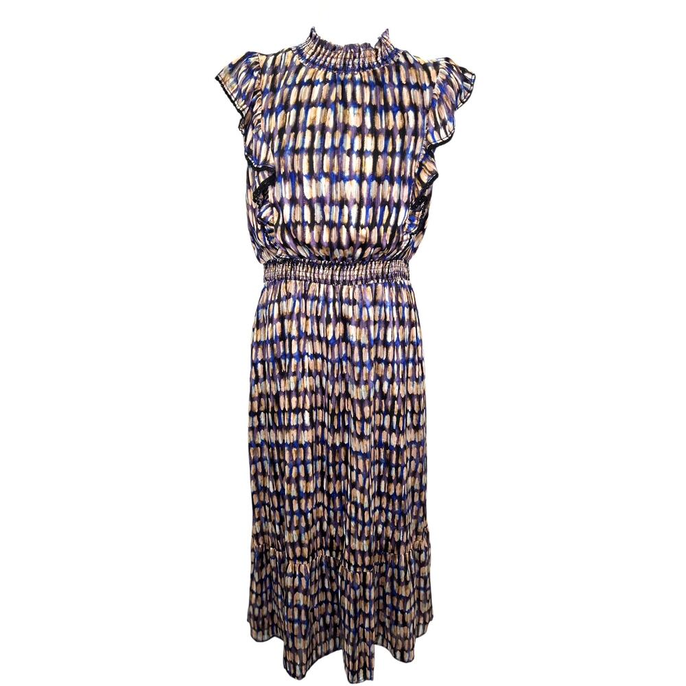Lost + Wander Love Story Smocked Ruffle Purple Black Satin Maxi Dress Large NWT - Picture 2 of 10